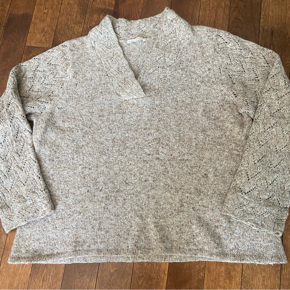 Coldwater Creek Beige Brown & Orange Flecked Sweater w Pointelle Knit Sl…
